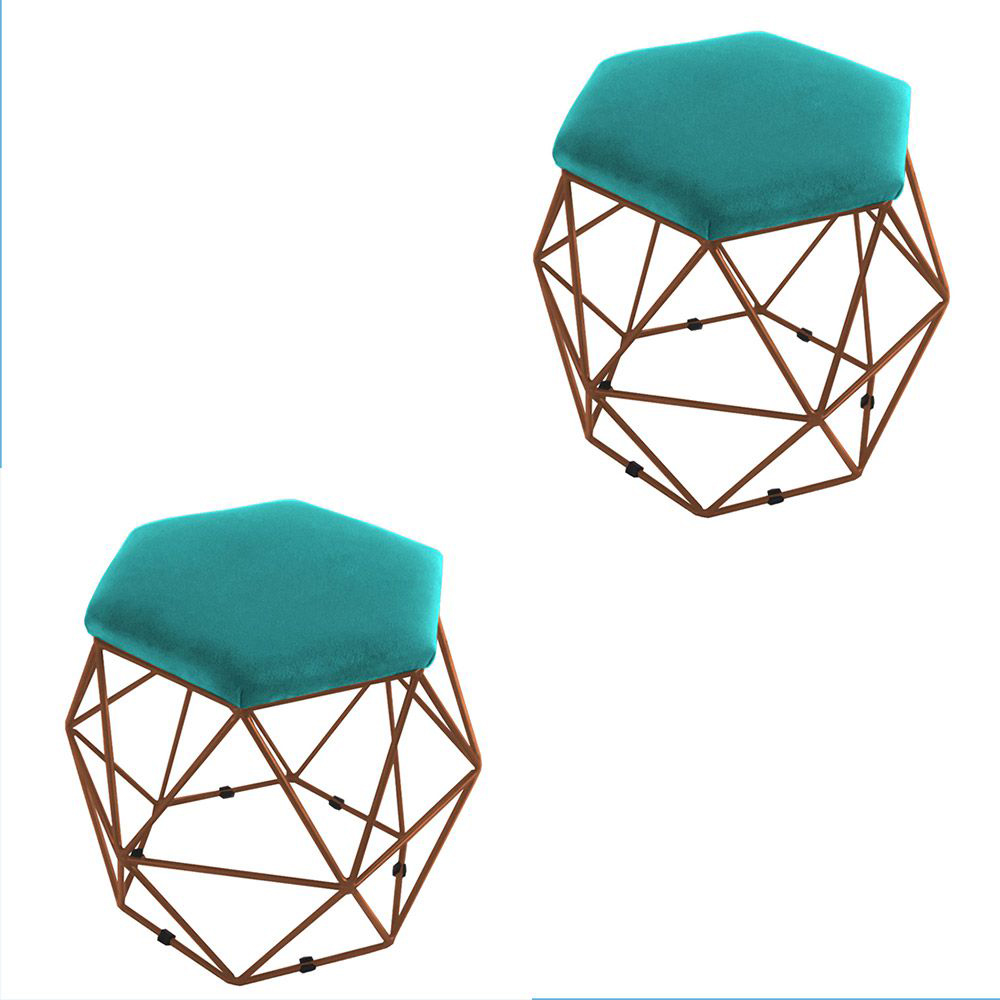 Kit 02 Puffs Aramado Bronze Assento Hexagonal Suede Azul Tiffany - DS Estofados