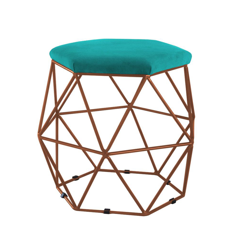 Kit 02 Puffs Aramado Bronze Assento Hexagonal Suede Azul Tiffany - DS Estofados