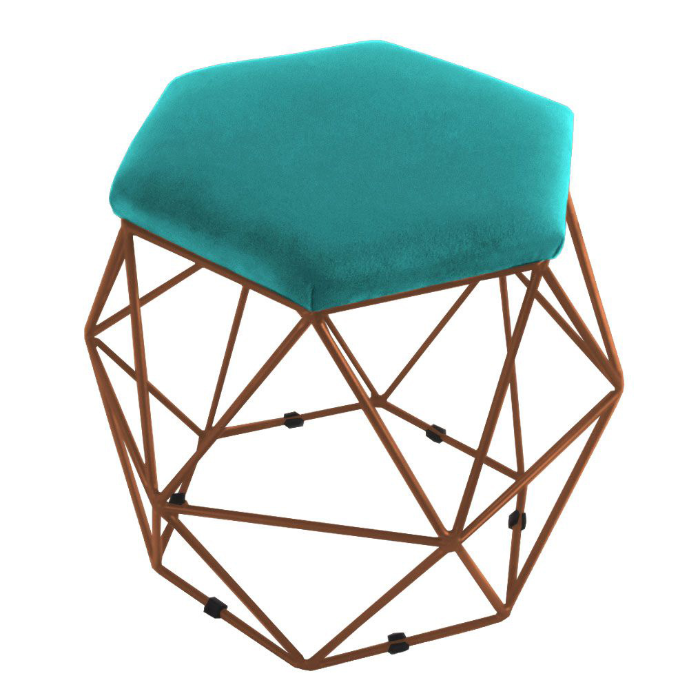 Kit 02 Puffs Aramado Bronze Assento Hexagonal Suede Azul Tiffany - DS Estofados
