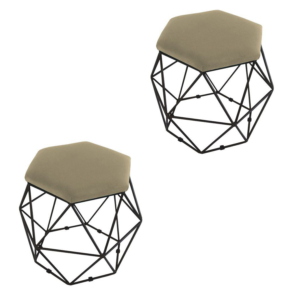 Kit 02 Puffs Aramado Bronze Assento Hexagonal Suede Nude - DS Estofados