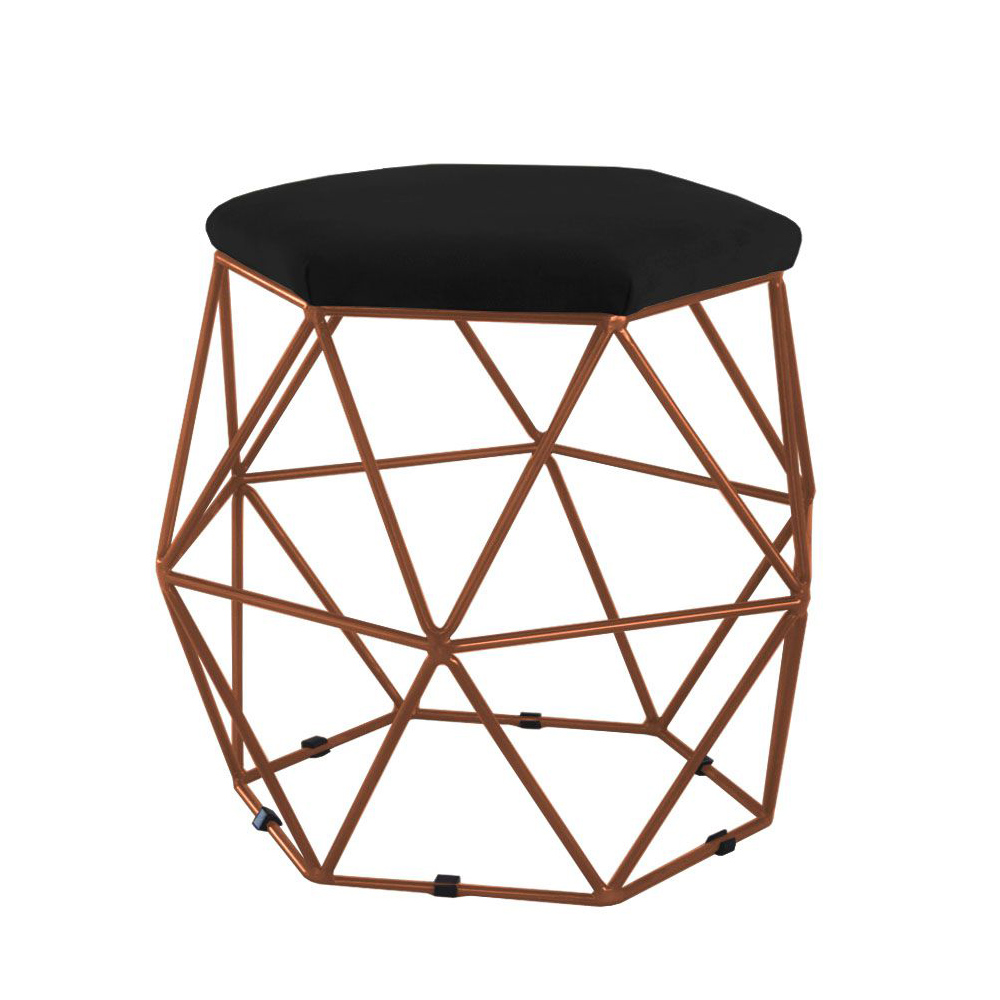 Kit 02 Puffs Aramado Bronze Assento Hexagonal Suede Preto - DS Estofados
