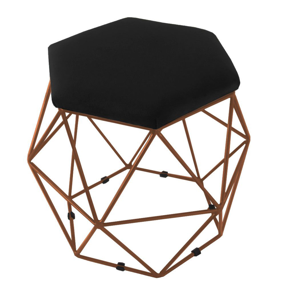 Kit 02 Puffs Aramado Bronze Assento Hexagonal Suede Preto - DS Estofados