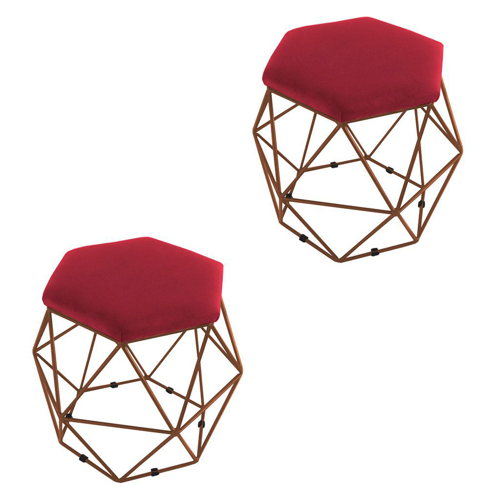Kit 02 Puffs Aramado Bronze Assento Hexagonal Suede Vermelho - DS Estofados