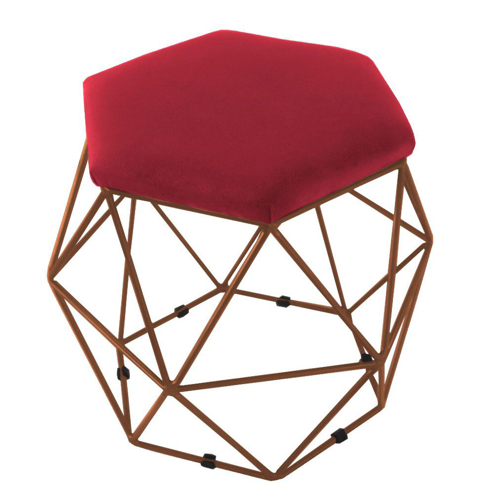 Kit 02 Puffs Aramado Bronze Assento Hexagonal Suede Vermelho - DS Estofados