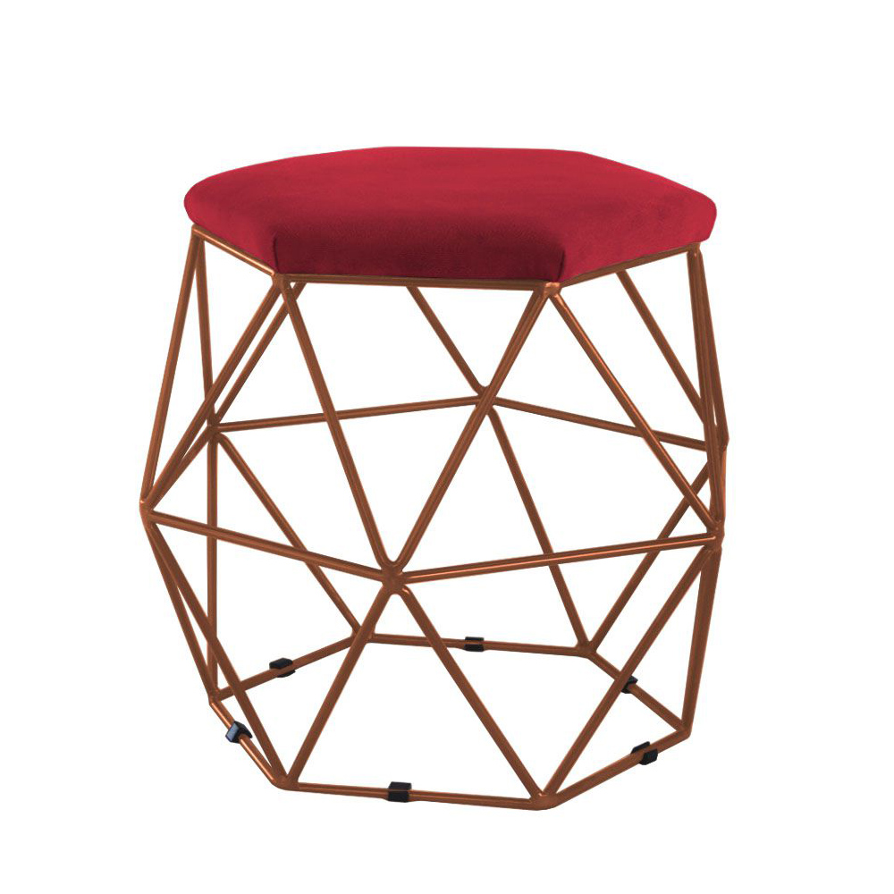 Kit 02 Puffs Aramado Bronze Assento Hexagonal Suede Vermelho - DS Estofados