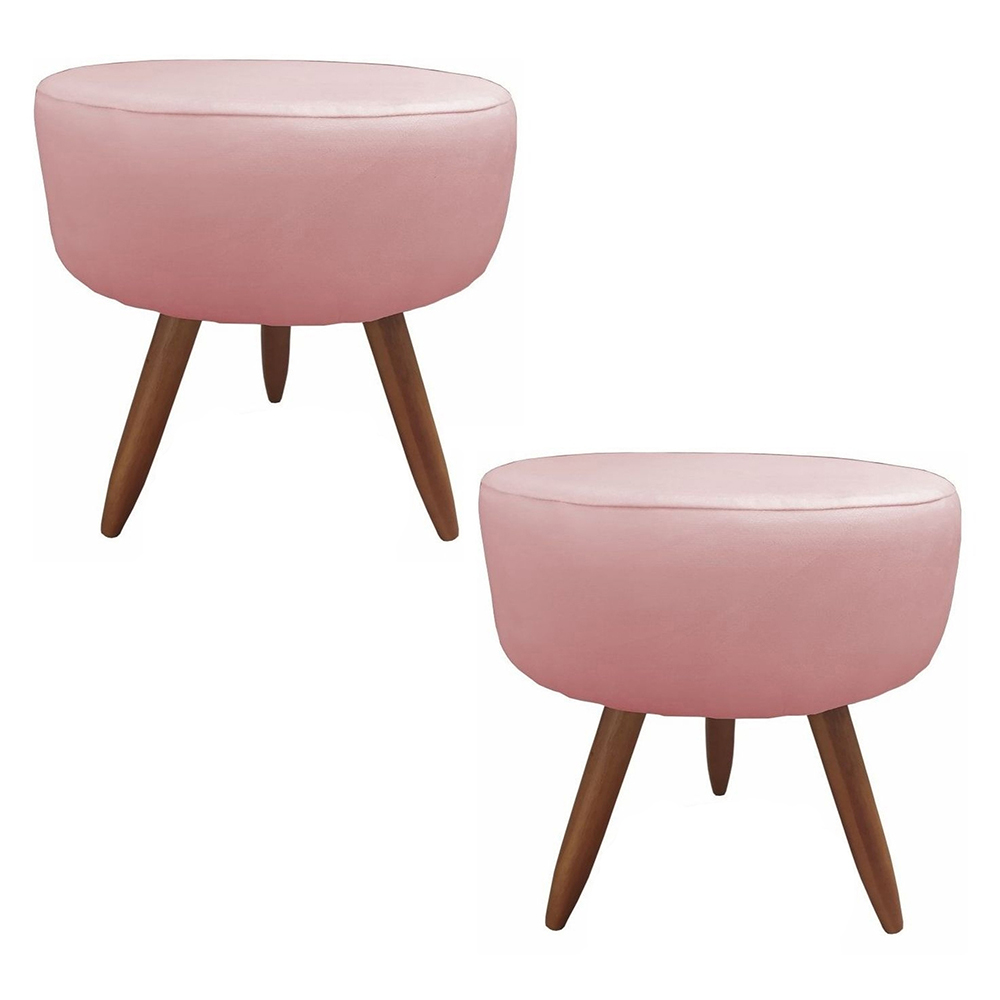 Kit 02 Puffs Banqueta Redondo Classic Suede Rosa