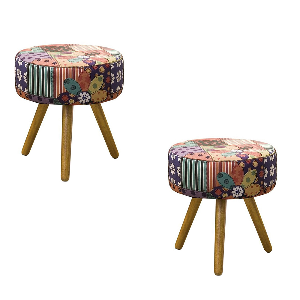 Kit 02 Puffs Banqueta Redondo Suede PatchWork - DS Móveis