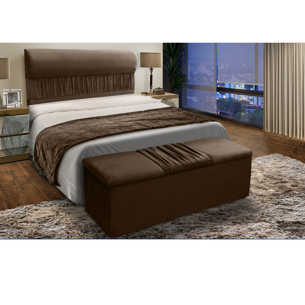 Kit Cabeceira Mais Calçadeira Baú King 195cm Para Cama Box Vitória Suede Marrom Claro - DS Estofados