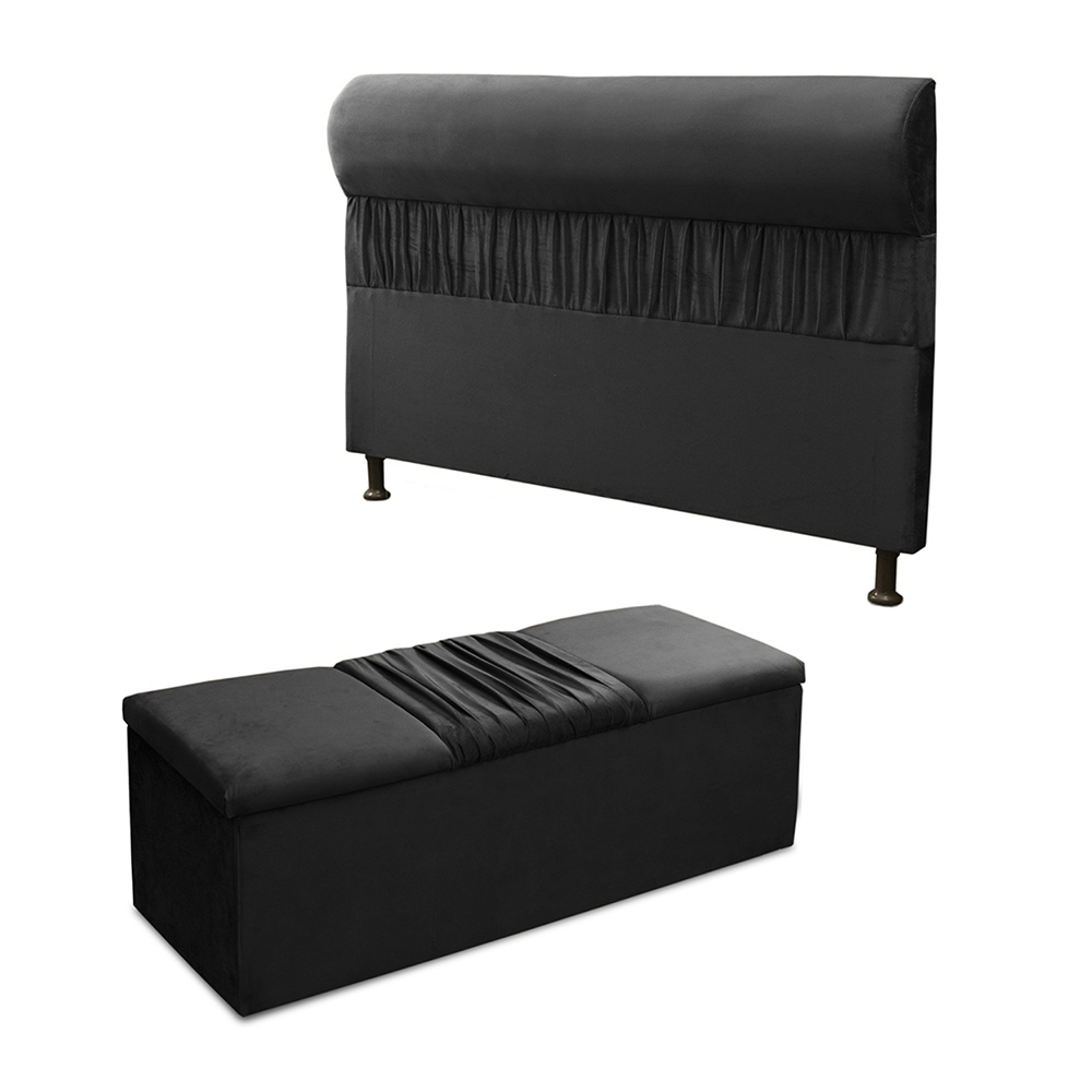 Kit Cabeceira Mais Calçadeira Baú King 195cm Para Cama Box Vitória Suede Preto - DS Estofados