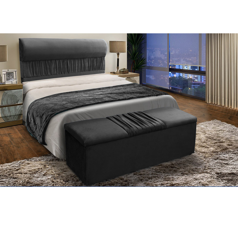 Kit Cabeceira Mais Calçadeira Baú King 195cm Para Cama Box Vitória Suede Preto - DS Estofados