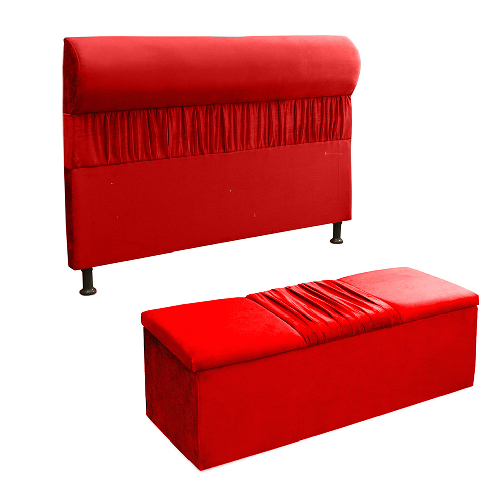 Kit Cabeceira Mais Calçadeira Baú King 195cm Para Cama Box Vitória Suede Vermelho - DS Estofados