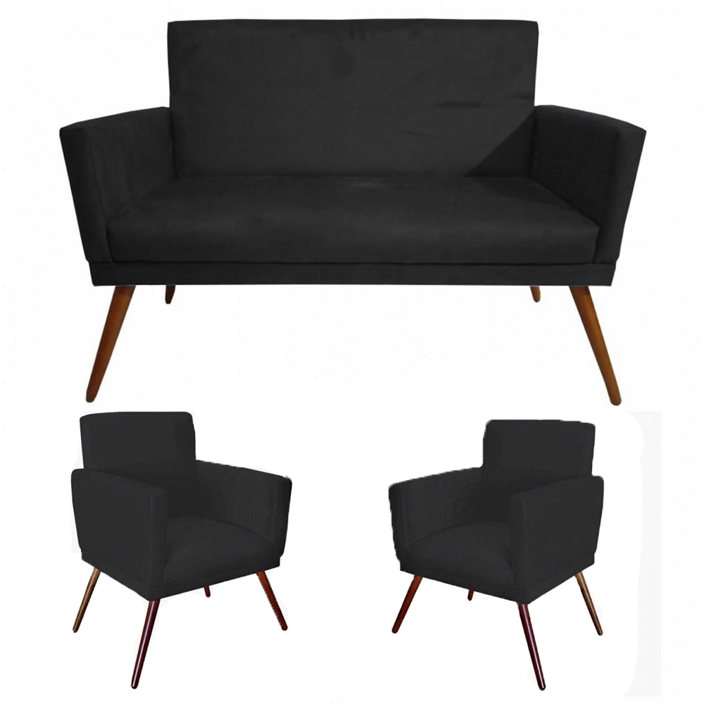 Kit Namoradeira Com 02 Poltronas Decorativa Nina Suede Preto - DS Estofados