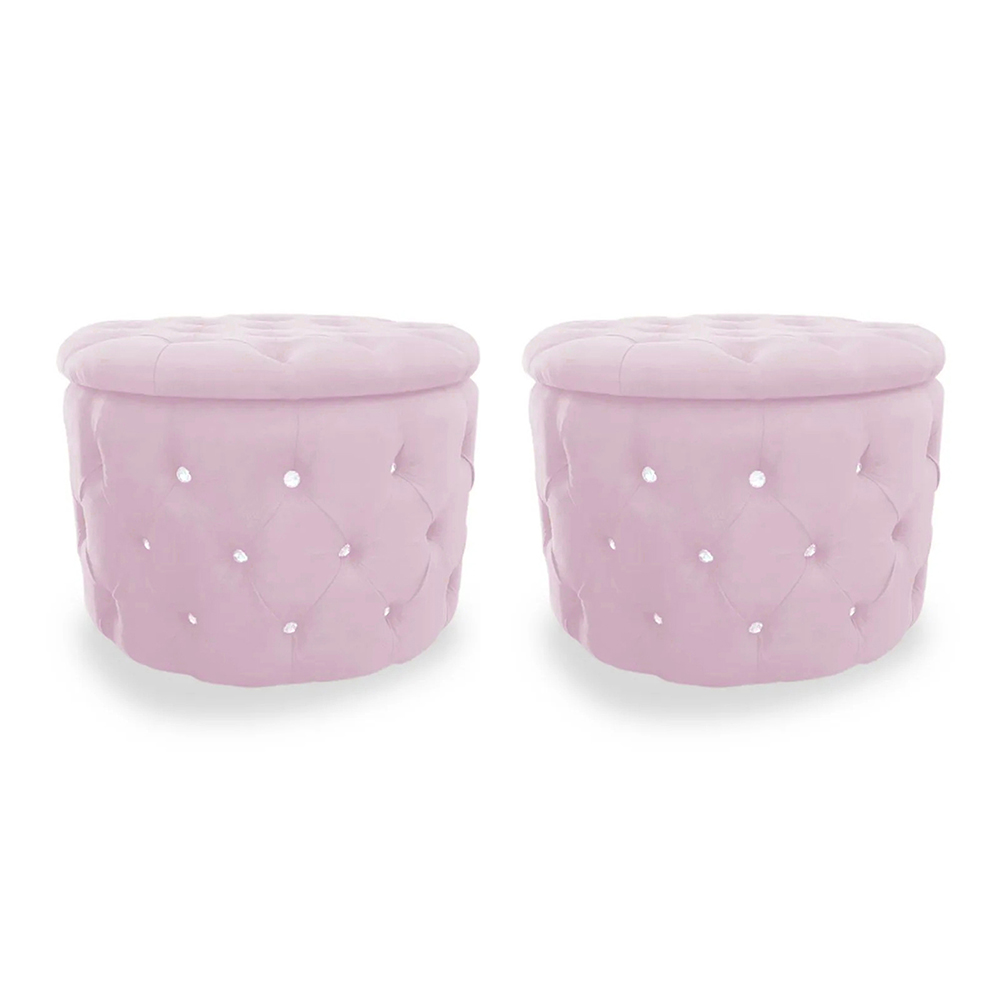 Kit Puff Redondo Clássico Capitonê Suede Rosa - DS Estofados