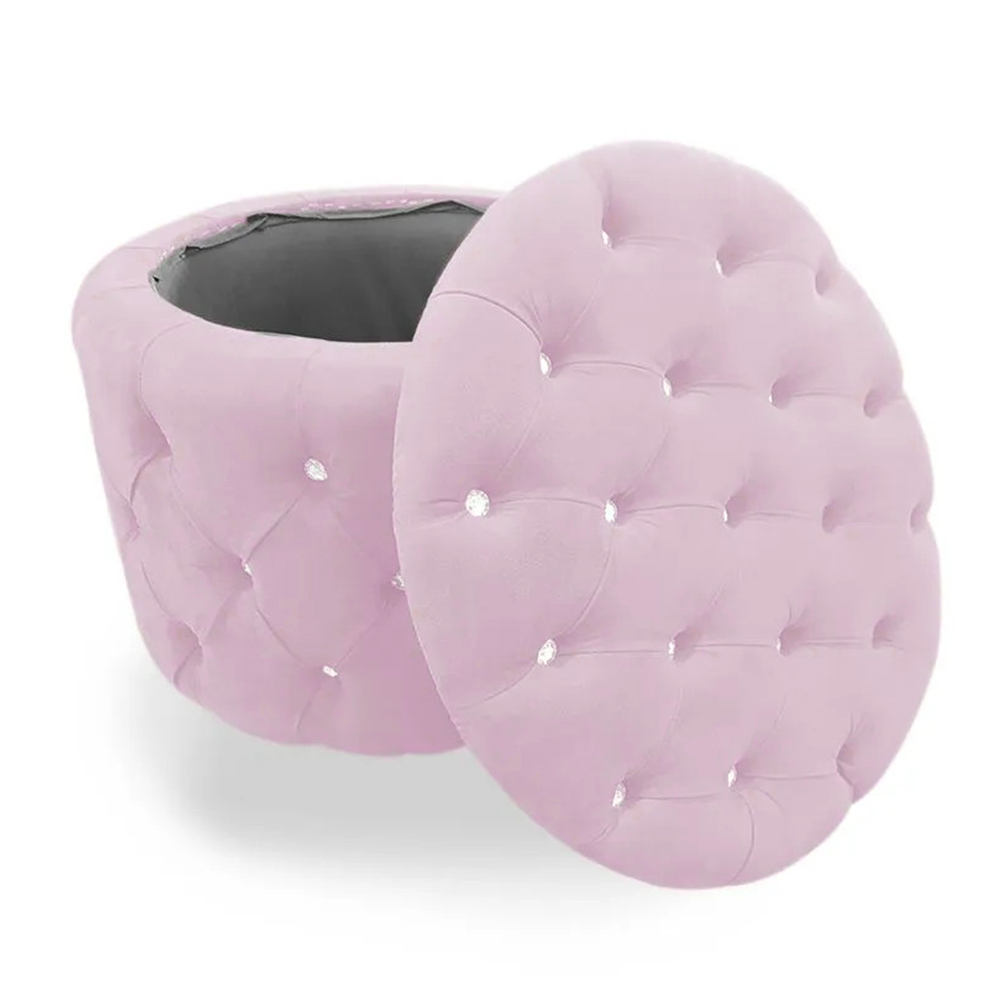 Kit Puff Redondo Clássico Capitonê Suede Rosa - DS Estofados