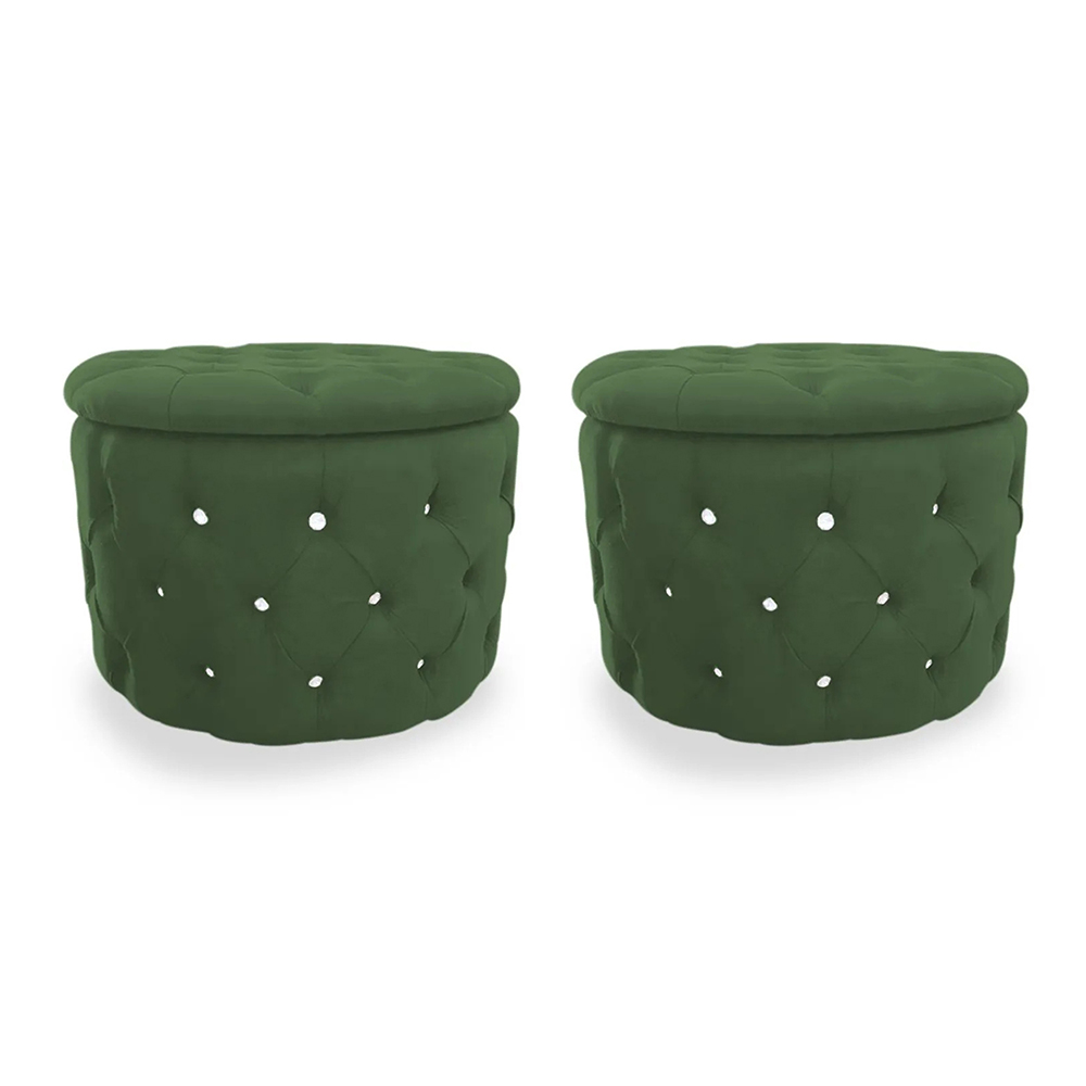 Kit Puff Redondo Clássico Capitonê Suede Verde - DS Estofados