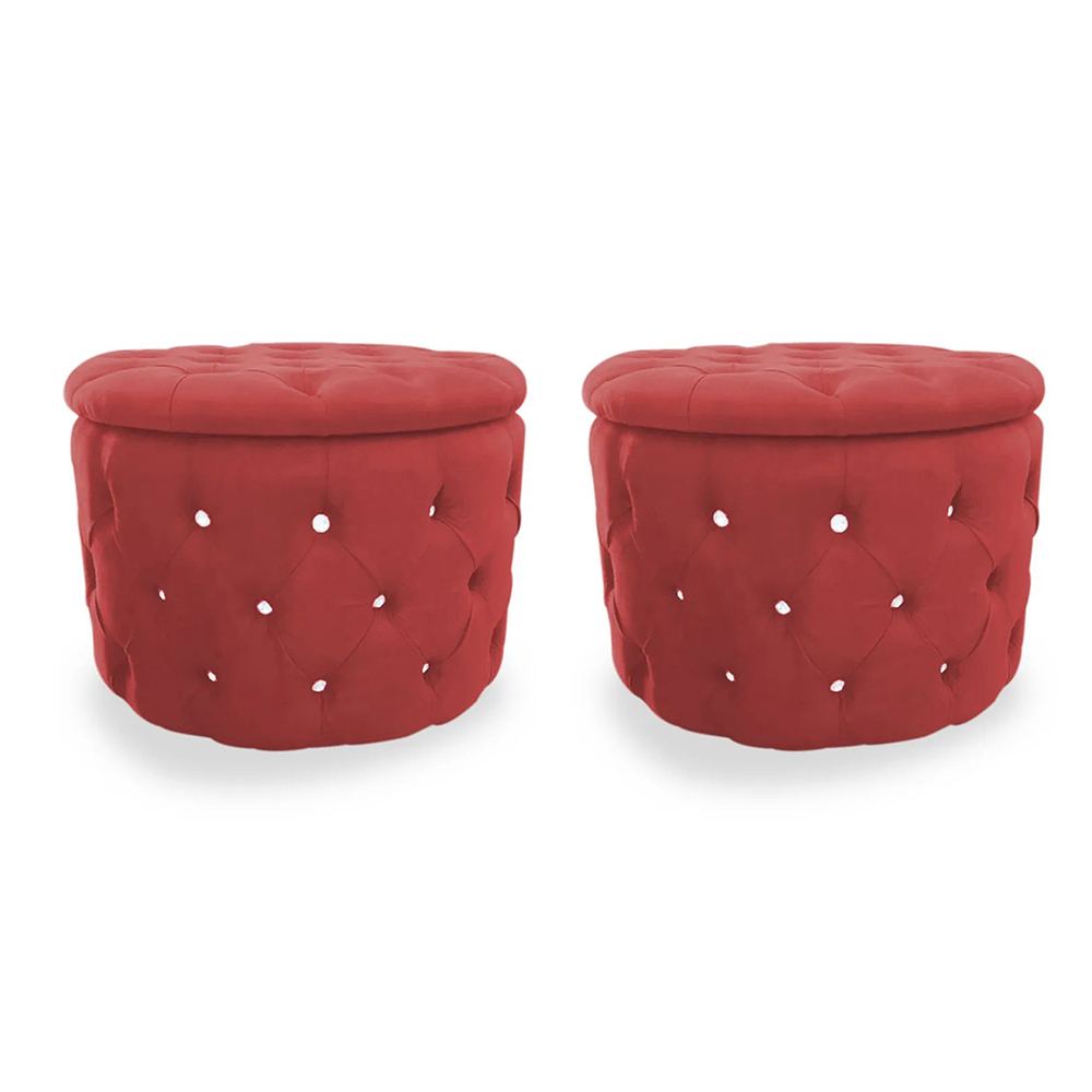 Kit Puff Redondo Clássico Capitonê Suede Vermelho - DS Estofados