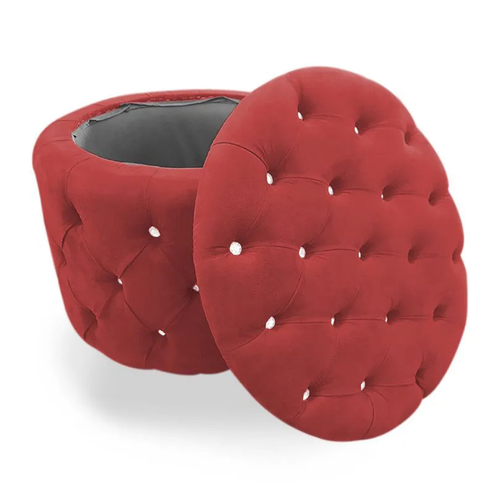 Kit Puff Redondo Clássico Capitonê Suede Vermelho - DS Estofados