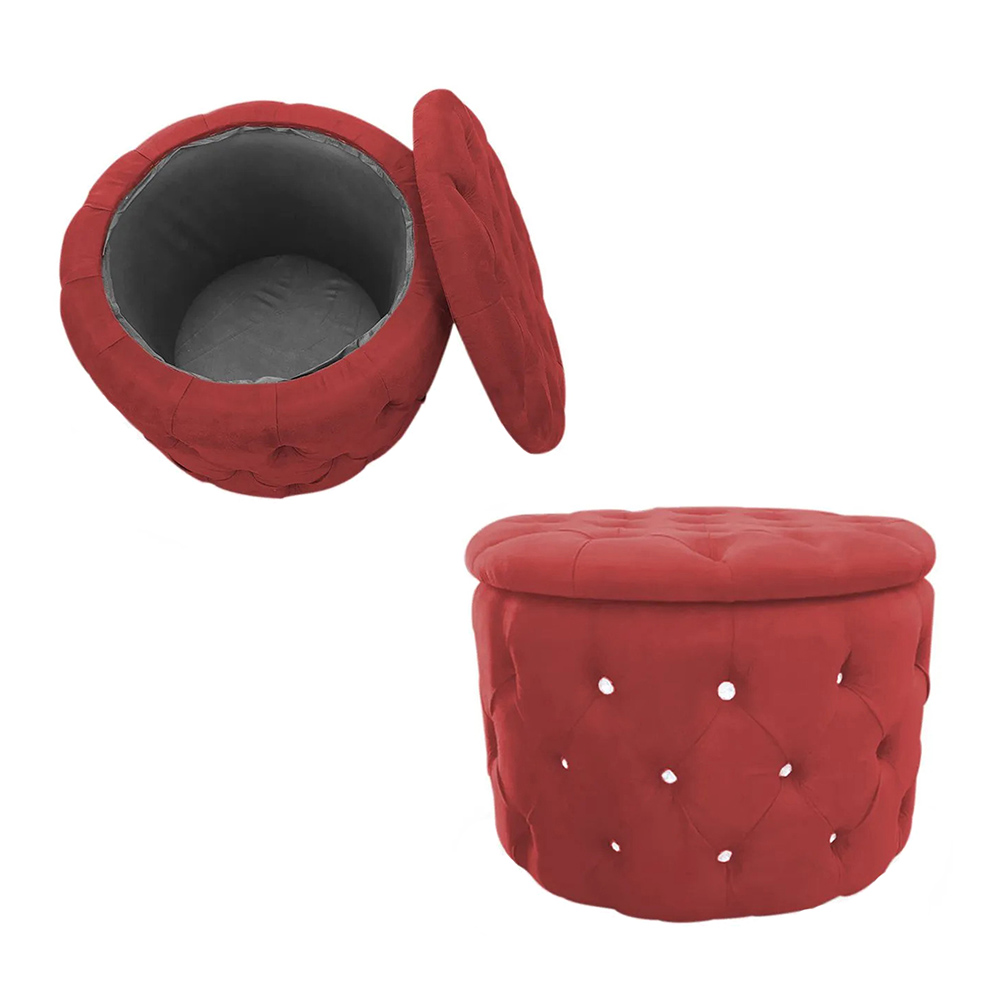Kit Puff Redondo Clássico Capitonê Suede Vermelho - DS Estofados