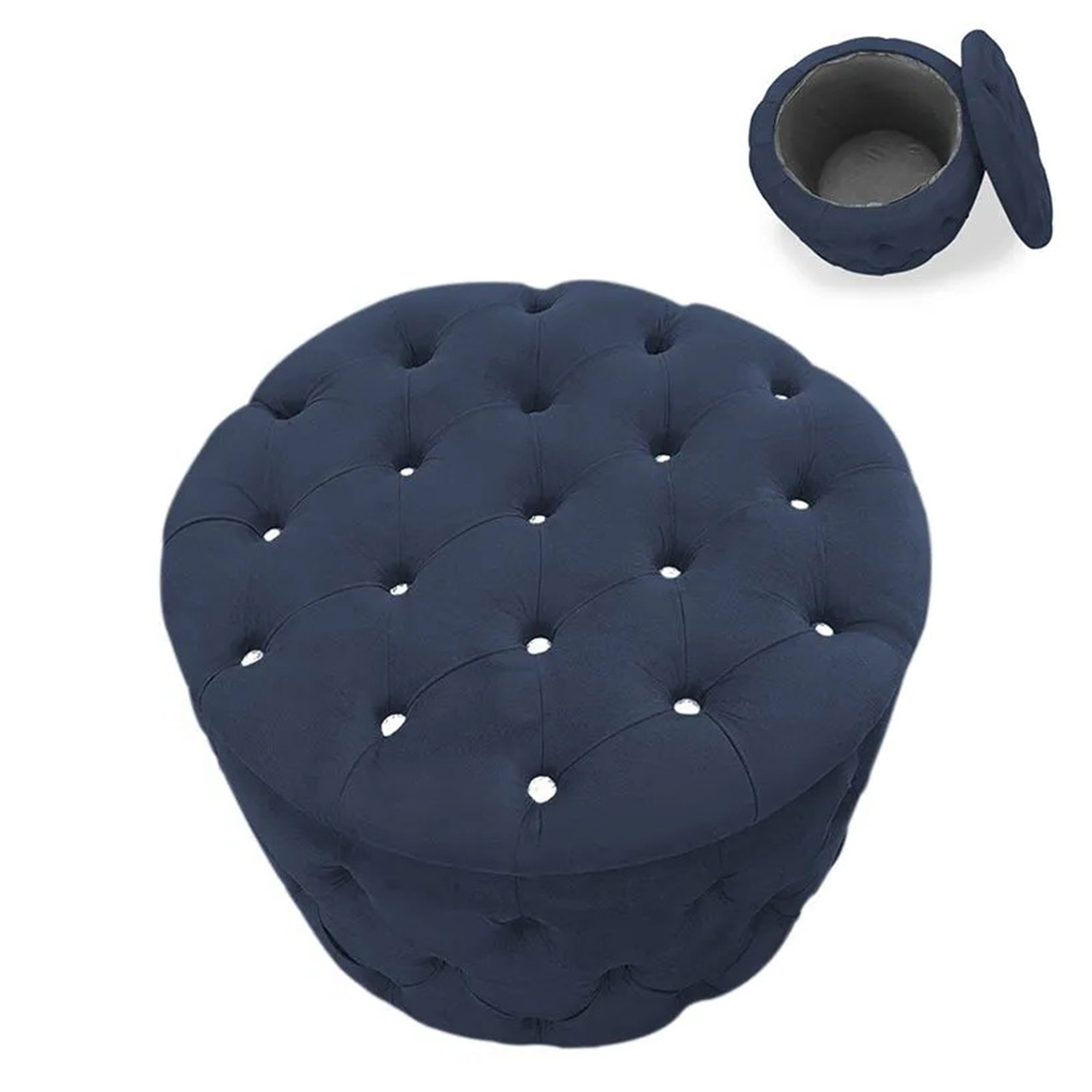 Kit Puff Redondo Classico Capitonê Suede Azul Marinho - DS Estofados