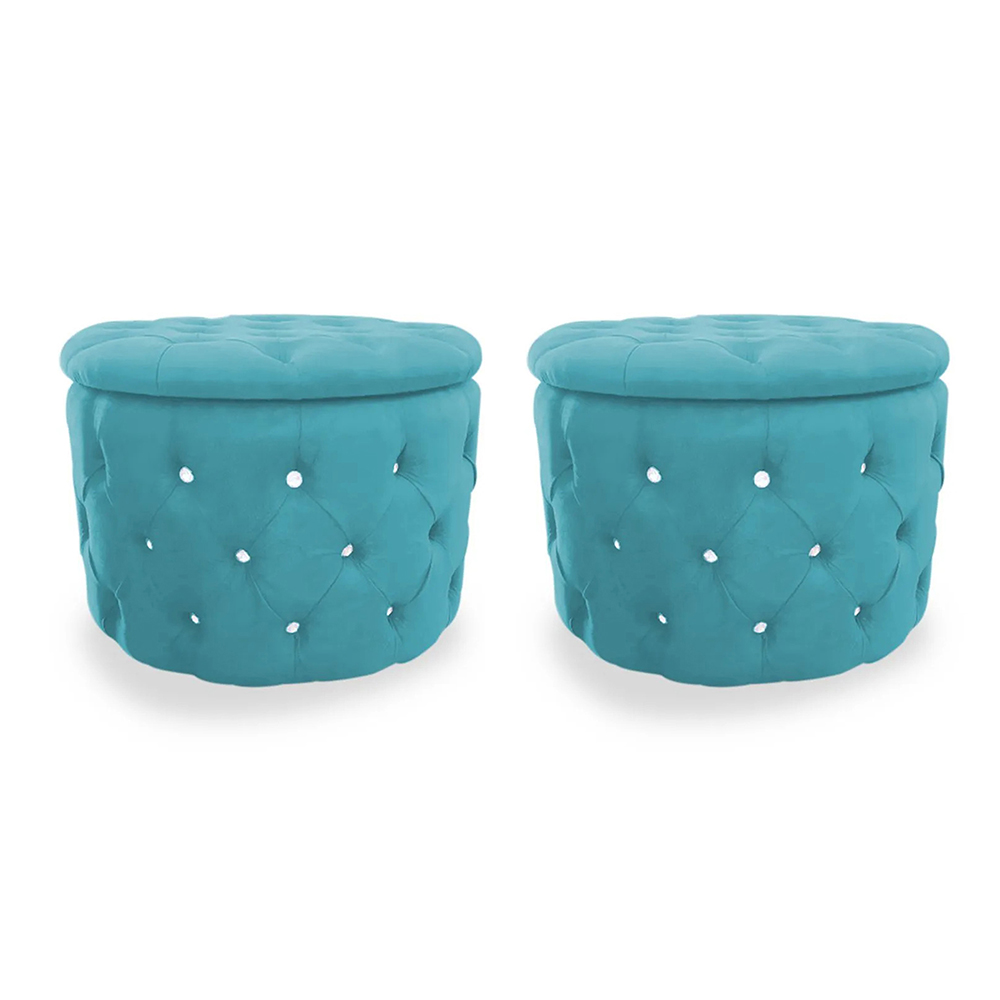 Kit Puff Redondo Classico Capitonê Suede Azul Turquesa - DS Estofados