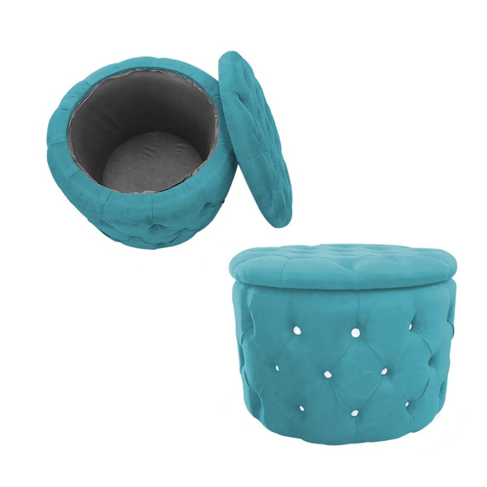 Kit Puff Redondo Classico Capitonê Suede Azul Turquesa - DS Estofados
