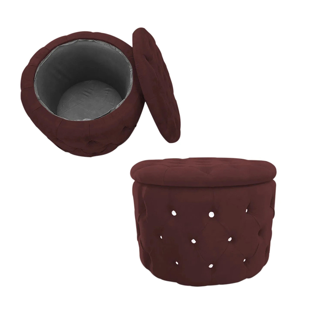 Kit Puff Redondo Classico Capitonê Suede Bordô - DS Estofados