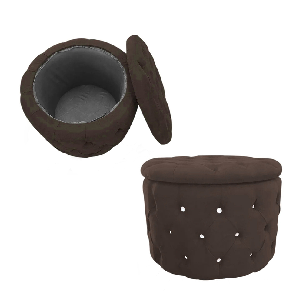 Kit Puff Redondo Classico Capitonê Suede Marrom - DS Estofados