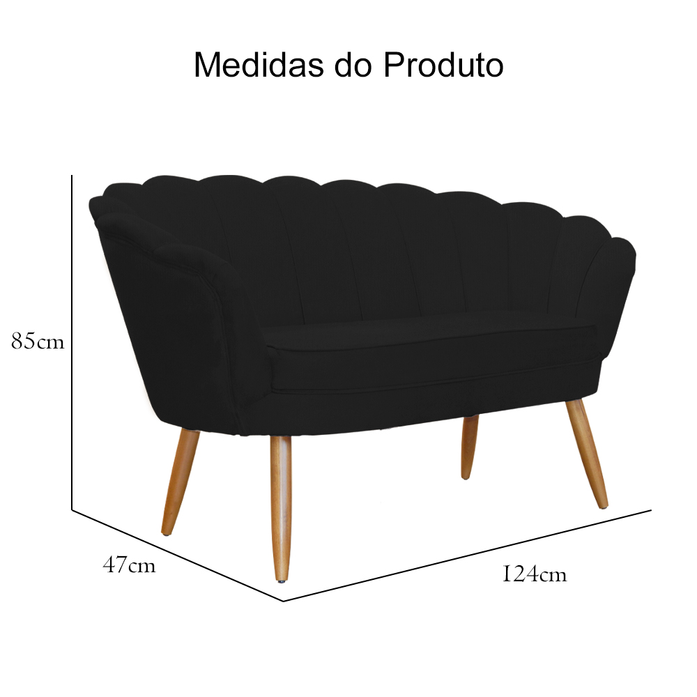 Namoradeira Pétala para Sala Suede Preta Pés de Madeira  - Ds Estofados
