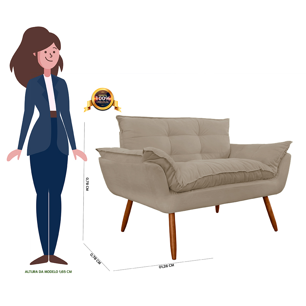 Namoradeira Poltrona Sofá decorativa 02 Lugares Opalla Pés Palito Capuccino