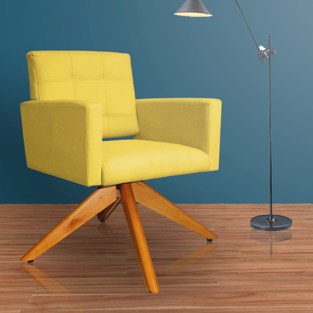 Poltrona Decorativa Camila Pés Madeira Giratório Suede Amarelo - DS Estofados
