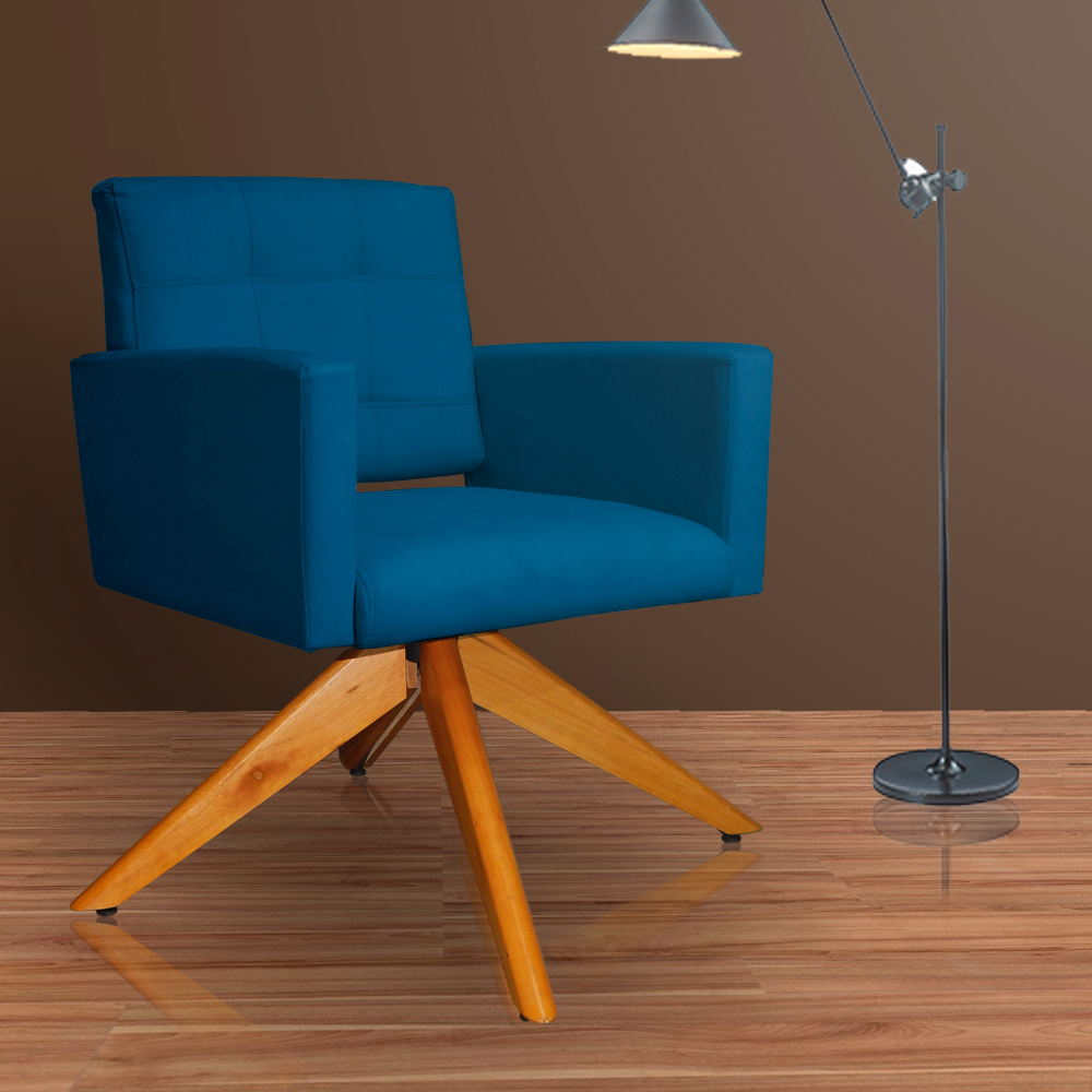 Poltrona Decorativa Camila Pés Madeira Giratório Suede Azul Royal - DS Estofados