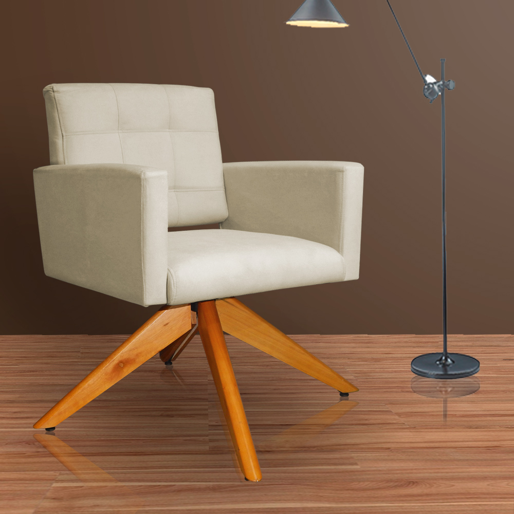Poltrona Decorativa Camila Pés Madeira Giratório Suede Bege - DS Estofados