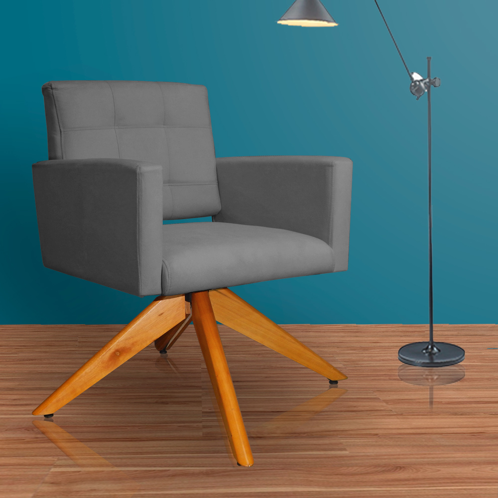 Poltrona Decorativa Camila Pés Madeira Giratório Suede Cinza - DS Estofados