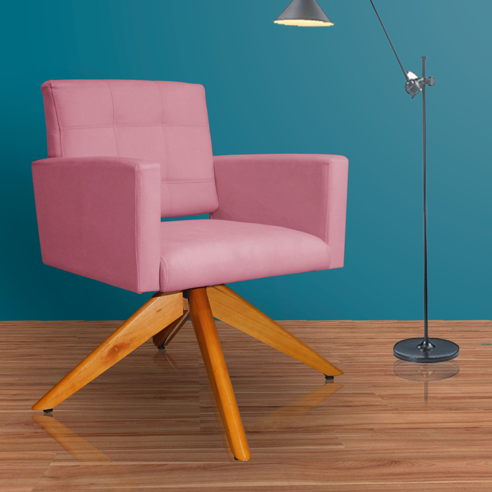 Poltrona Decorativa Camila Pés Madeira Giratório Suede Rosa - DS Estofados