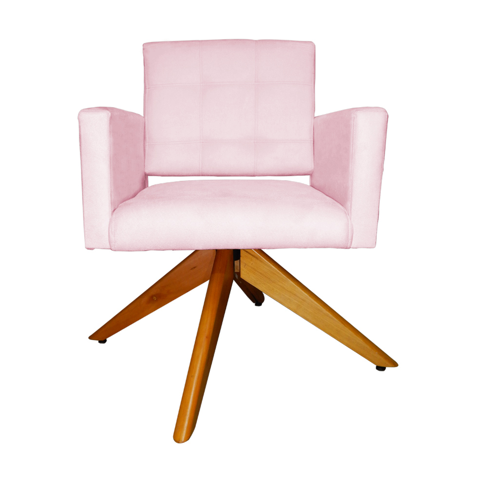 Poltrona Decorativa Camila Pés Madeira Giratório Suede Rosa Bebê - DS Estofados