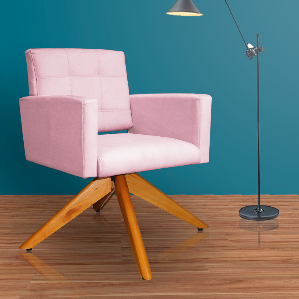 Poltrona Decorativa Camila Pés Madeira Giratório Suede Rosa Bebê - DS Estofados