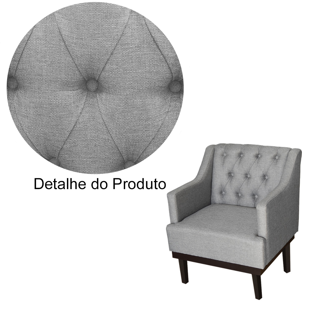 Poltrona Decorativa Clássica Com Base Madeira Linho Cinza