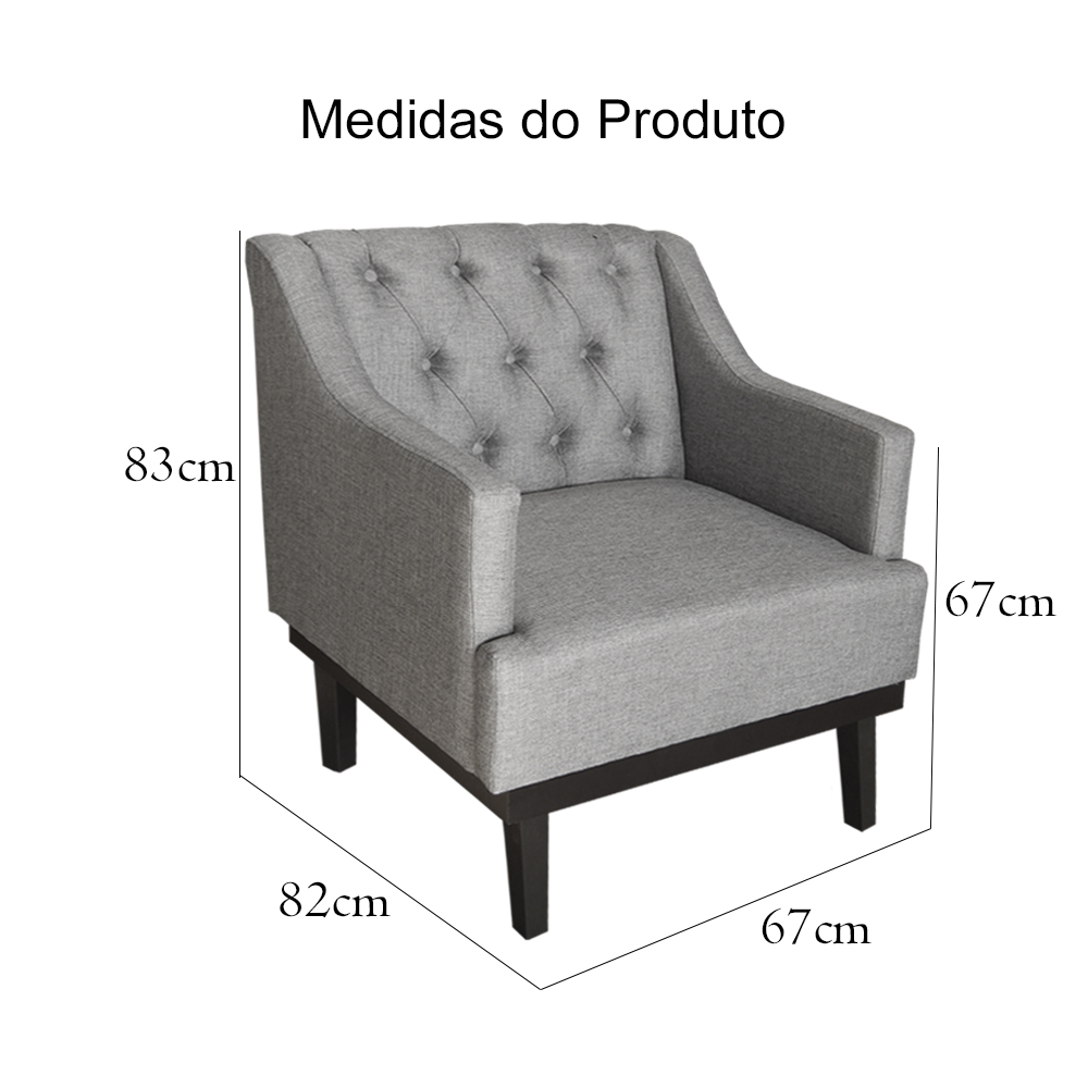 Poltrona Decorativa Clássica Com Base Madeira Linho Cinza