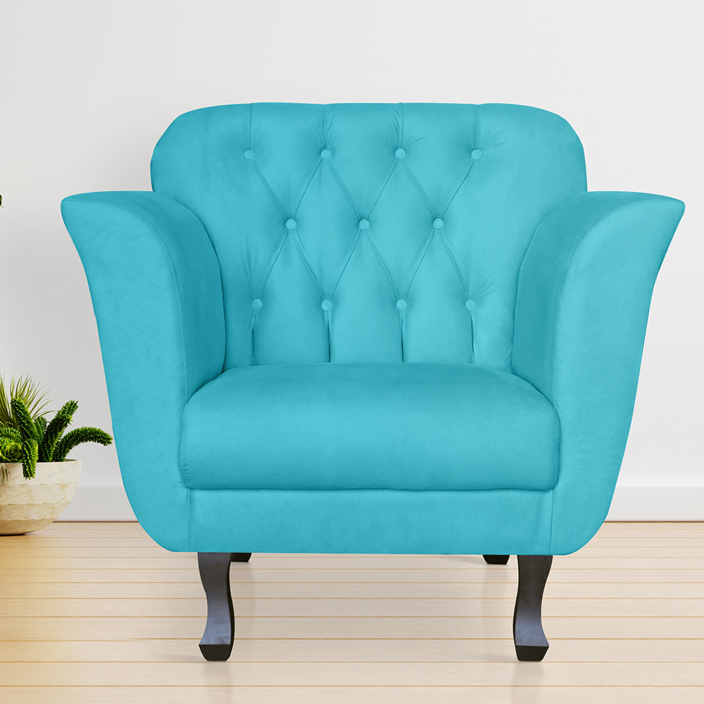 Poltrona Decorativa Helena Pés Luis XV Suede Azul Turquesa - DS Estofados
