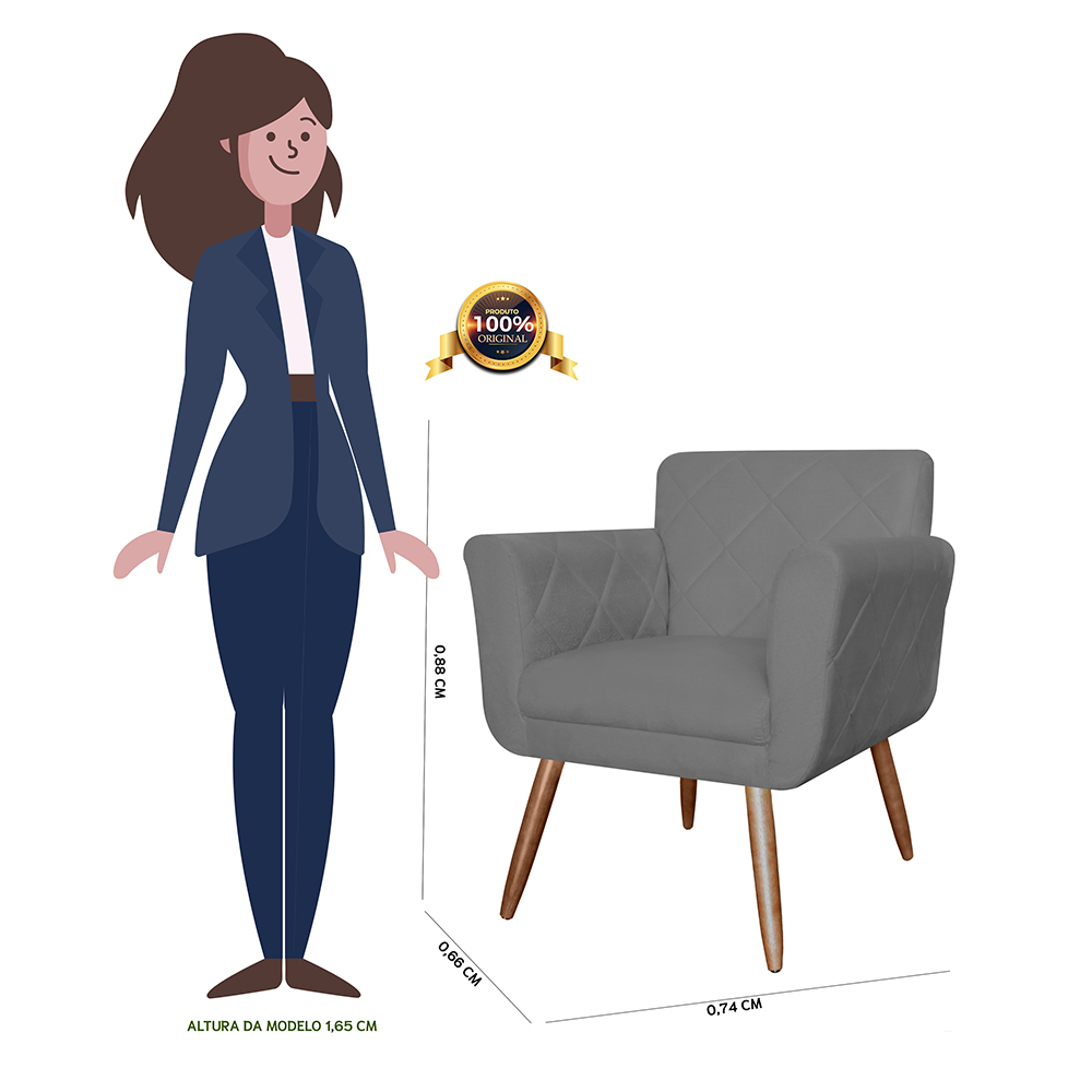Poltrona Decorativa Isa em Tressê Suede Cinza - DS Estofados