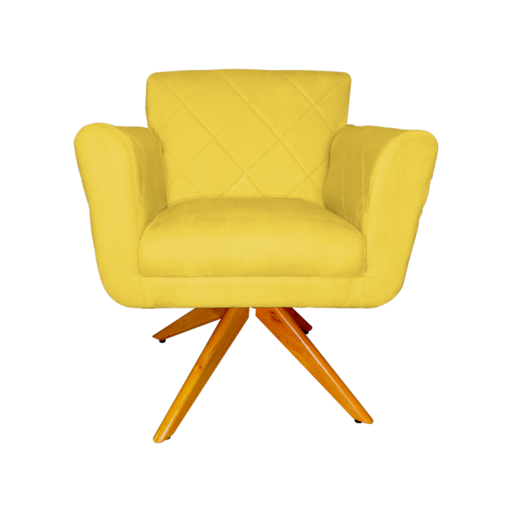 Poltrona Decorativa Isabela em Tressê Pés Madeira Giratório Suede Amarelo - DS Estofados