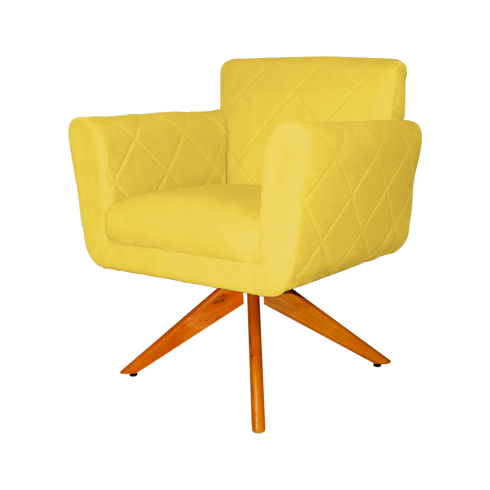 Poltrona Decorativa Isabela em Tressê Pés Madeira Giratório Suede Amarelo - DS Estofados