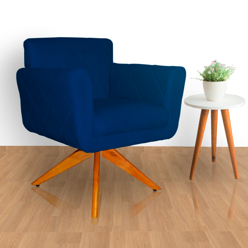 Poltrona Decorativa Isabela em Tressê Pés Madeira Giratório Suede Azul Marinho - DS Estofados
