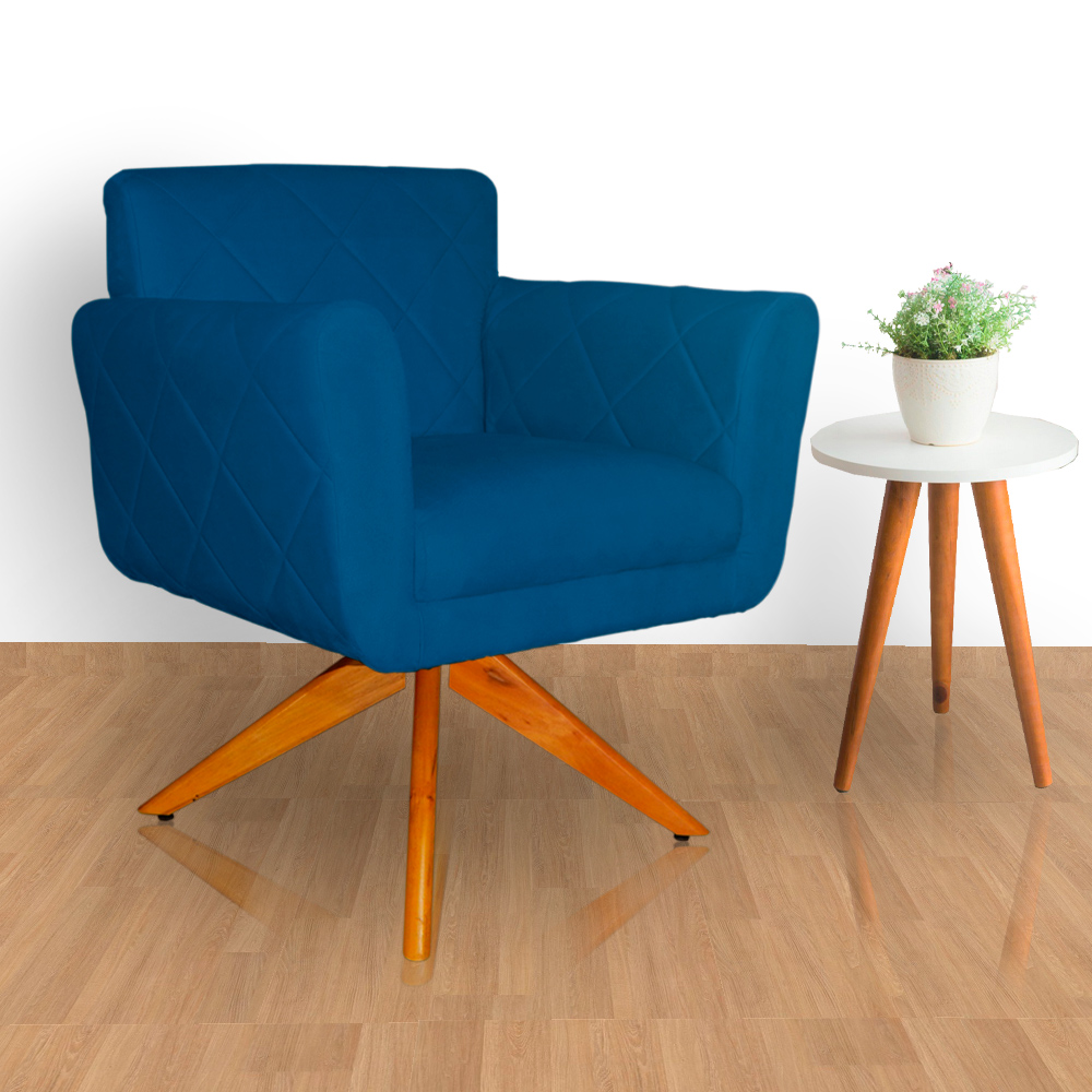 Poltrona Decorativa Isabela em Tressê Pés Madeira Giratório Suede Azul Royal - DS Estofados