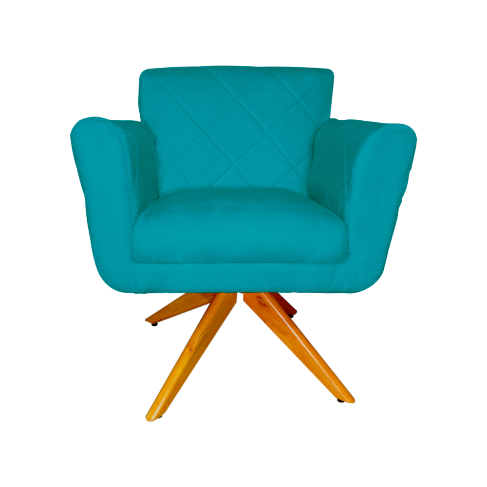 Poltrona Decorativa Isabela em Tressê Pés Madeira Giratório Suede Azul Turquesa - DS Estofados