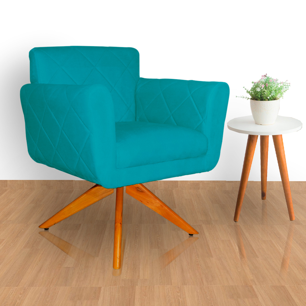 Poltrona Decorativa Isabela em Tressê Pés Madeira Giratório Suede Azul Turquesa - DS Estofados
