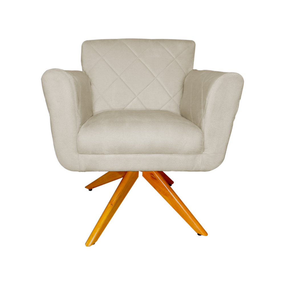 Poltrona Decorativa Isabela em Tressê Pés Madeira Giratório Suede Bege - DS Estofados