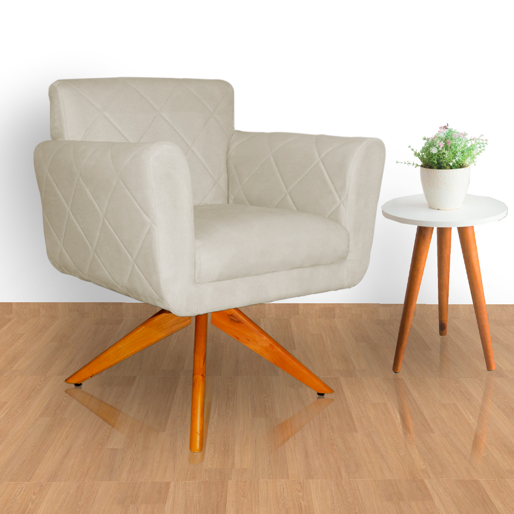 Poltrona Decorativa Isabela em Tressê Pés Madeira Giratório Suede Bege - DS Estofados