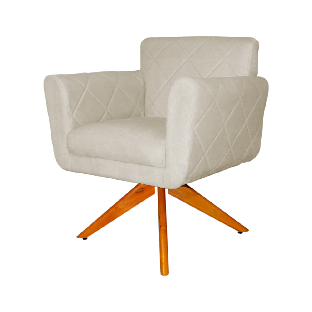 Poltrona Decorativa Isabela em Tressê Pés Madeira Giratório Suede Bege - DS Estofados