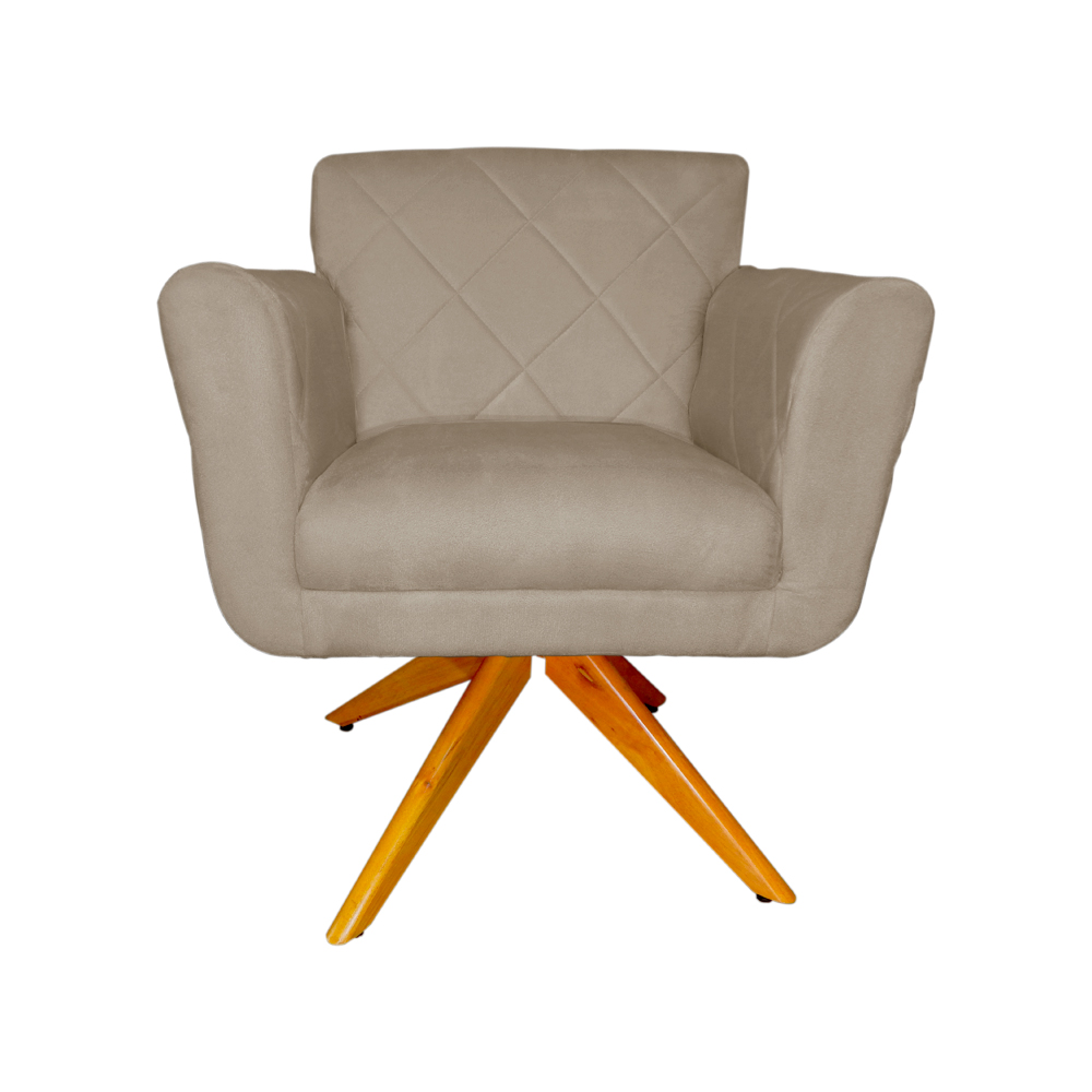 Poltrona Decorativa Isabela em Tressê Pés Madeira Giratório Suede Capuccino - DS Estofados